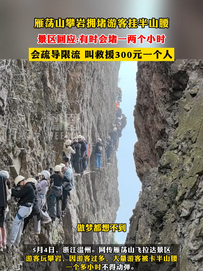 #雁荡山攀岩拥堵游客挂半山腰 ，景区回应：有时会堵一两个小时，叫救援300一个人#热点知多少