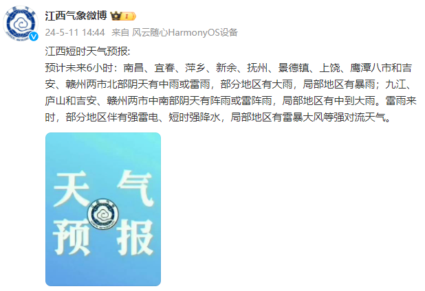 江西短时天气预报预计未来6小时:南昌,宜春,萍乡,新余,抚州,景德镇
