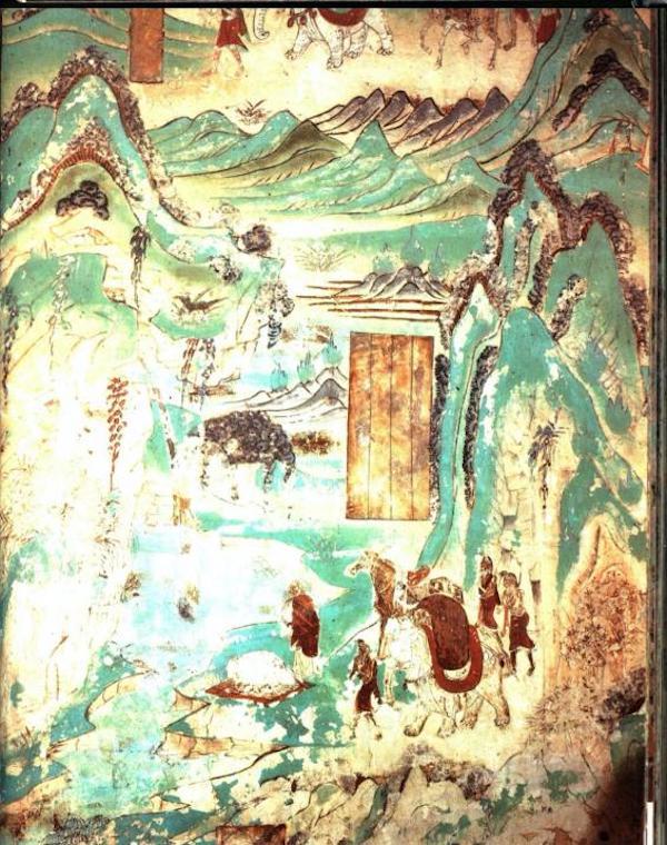 图50：化乡喻品之山水东讲念主物，103窟，北壁西端，彩版119。