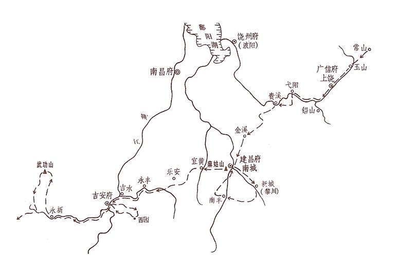 江右旅游路线图 1:300万 图源：《徐霞客游记·四卷本》，中华书局。 图中“西园”即吉水县文昌乡（今水南镇）西团村。