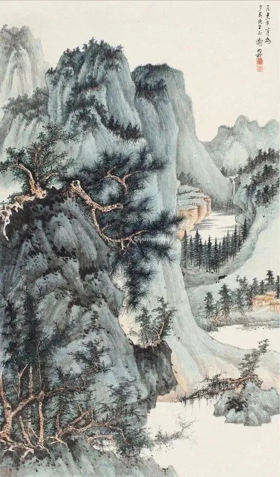 谢稚柳《山村飞瀑图》