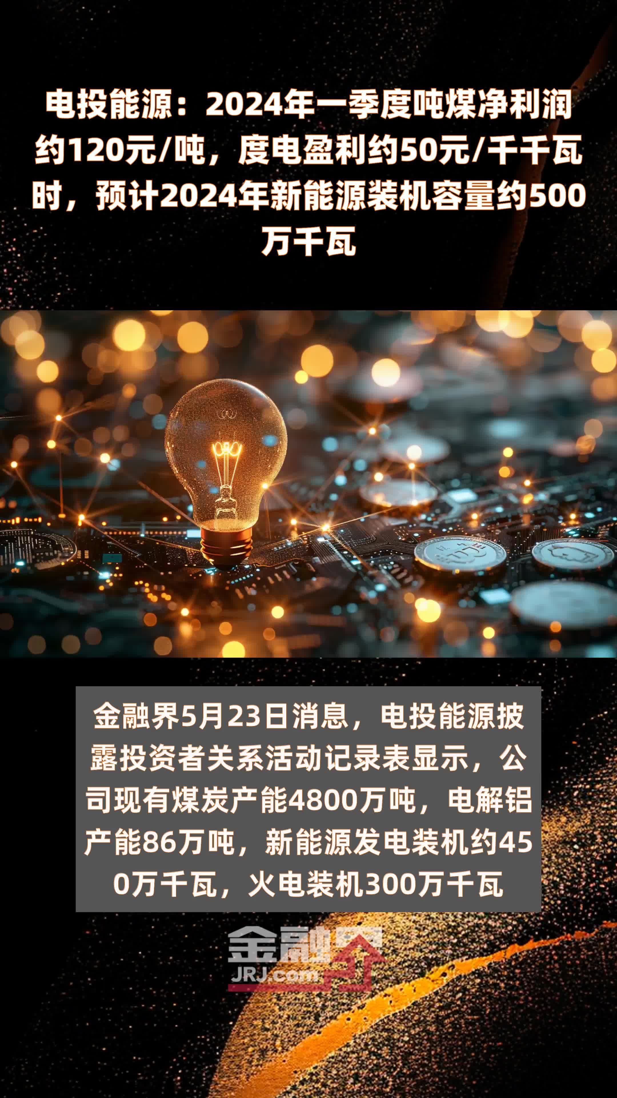 电投能源：2024年一季度吨煤净利润约120元/吨，度电盈利约50元/千千瓦时，预计2024年新能源装机容量约500万千瓦 |快报