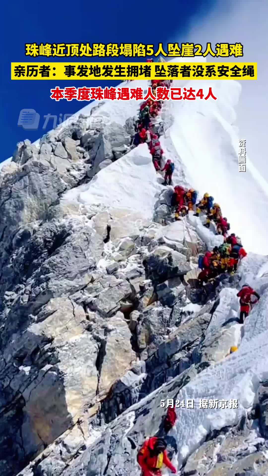 亲历者讲述珠峰近顶处路段塌陷2人遇难 ：事发地发生拥堵，坠落者没系安全绳