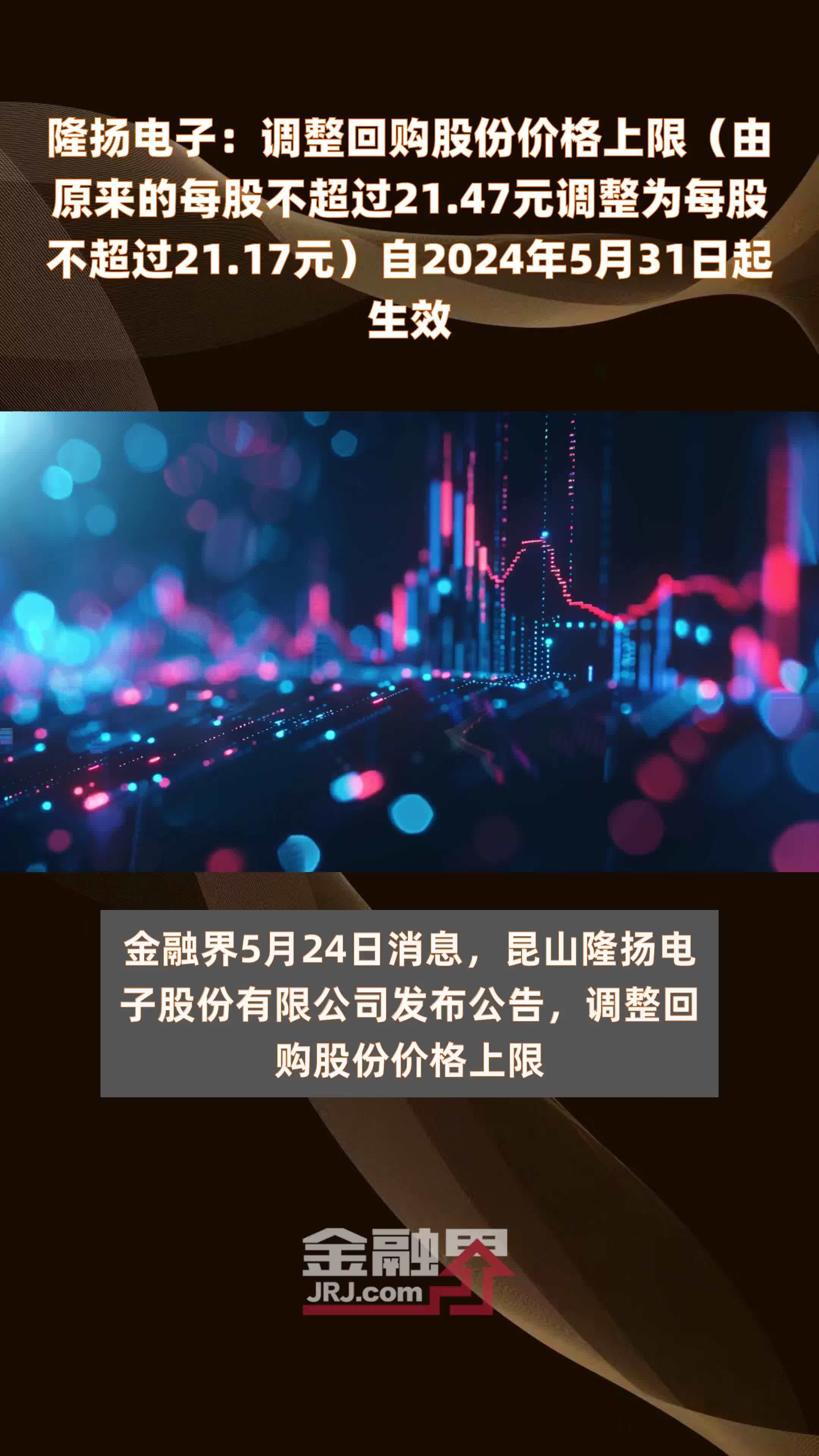 隆扬电子：调整回购股份价格上限（由原来的每股不超过21.47元调整为每股不超过21.17元）自2024年5月31日起生效 |快报
