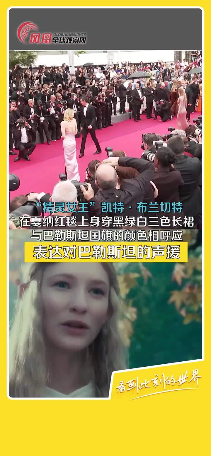 澳大利亚女演员“精灵女王”凯特·布兰切特在戛纳电影节上，身穿一件酷似巴勒斯坦国旗的服装走红毯。这件服装的正面为黑色，背面是浅粉色，背面的粉色在某些角度下看着像白色，而裙子衬里是绿色，颜色搭配酷似巴勒斯