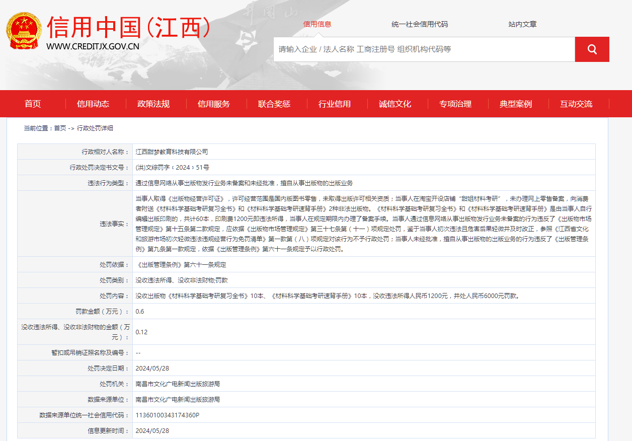 江西甜梦教育科技有限公司因擅自从事出版业务被罚