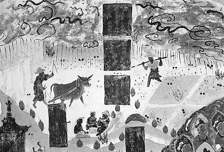 盛唐时期的莫高窟壁画《雨中耕作图》