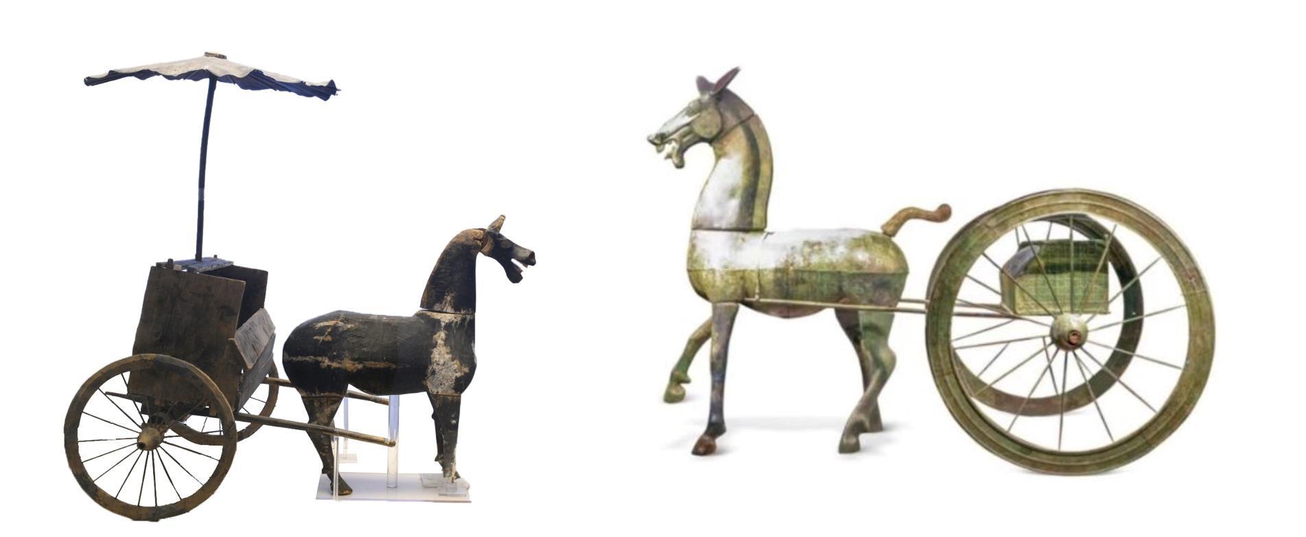 △左为汉代木轺车,藏于青海省博物馆;右为东汉铜车马,藏于黔西南州博物馆。