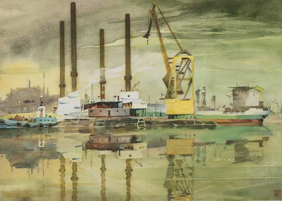 《造船厂之晨》水粉画(周绍淼作)