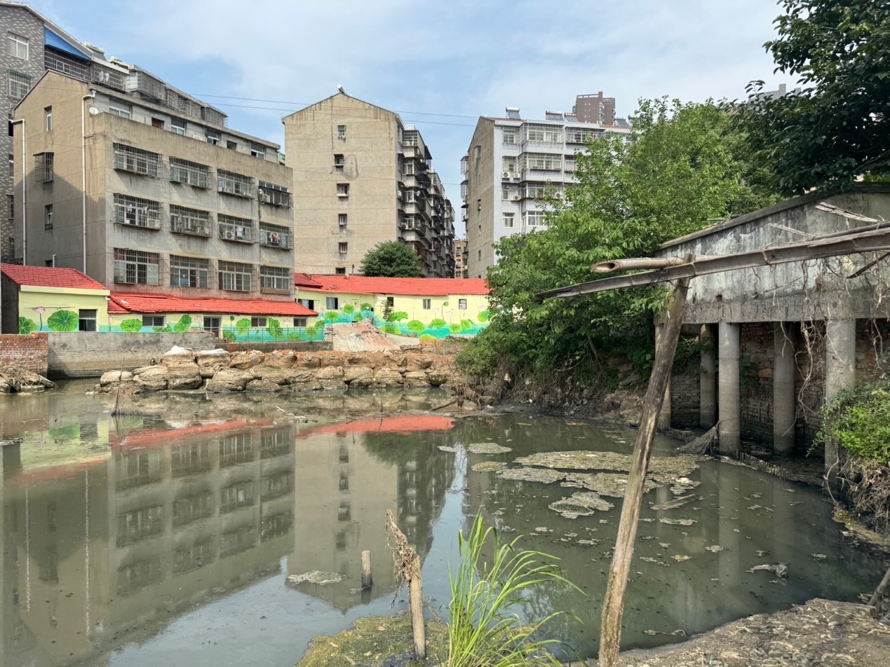 老泵站河背街河道脏乱差，污泥上浮，臭味明显，与临街区域感官上形成鲜明对比。