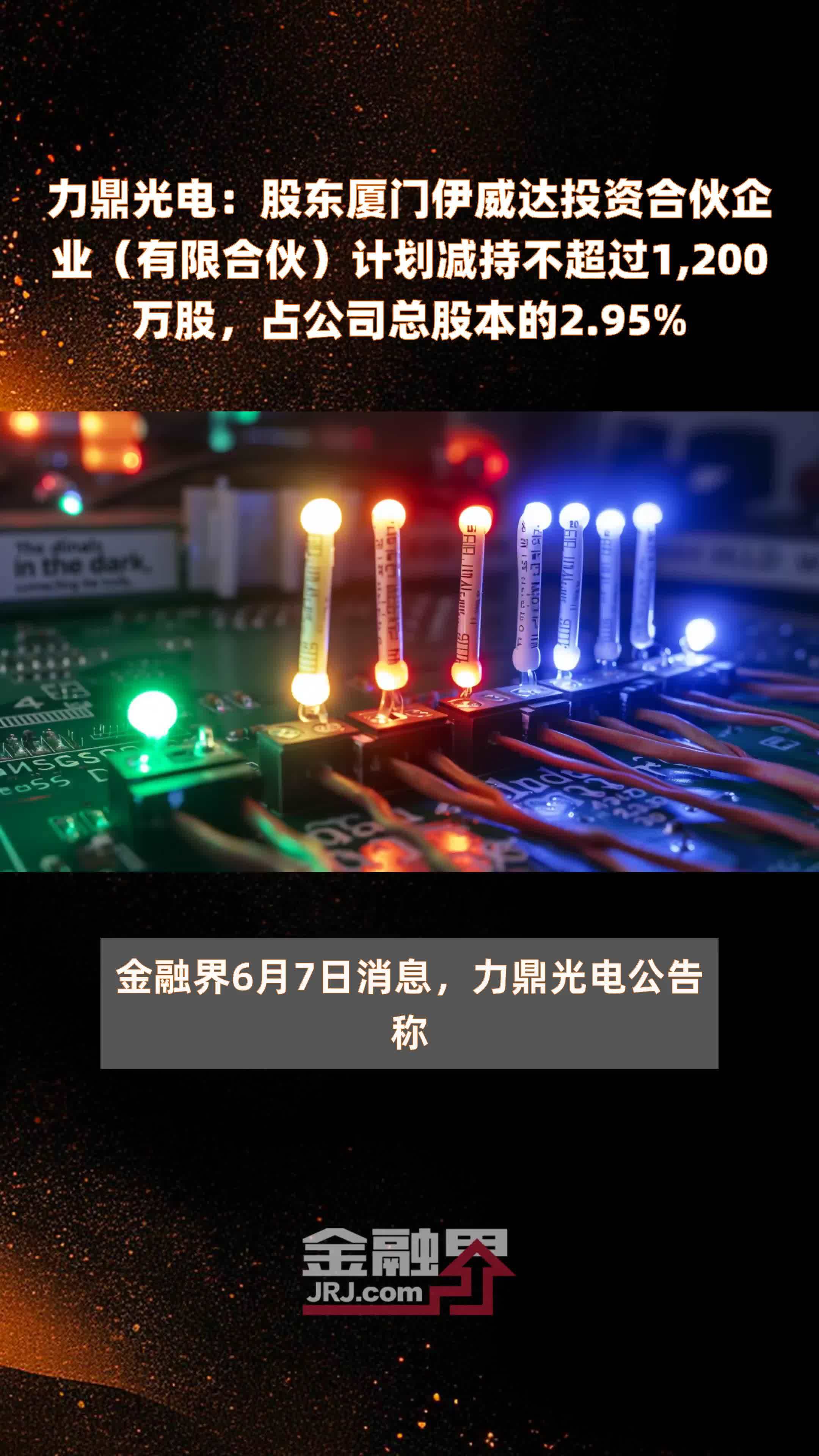 力鼎光电：股东厦门伊威达投资合伙企业（有限合伙）计划减持不超过1,200万股，占公司总股本的2.95% |快报