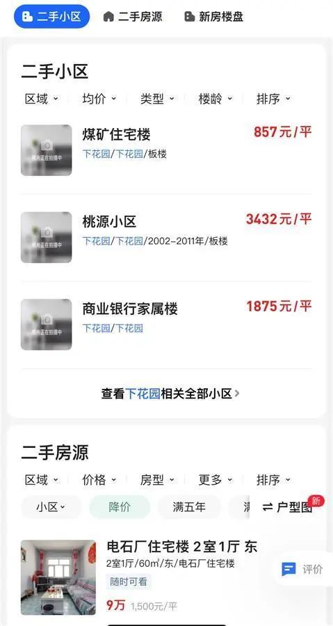 二手平台上,煤矿住宅楼售价每平米为857元