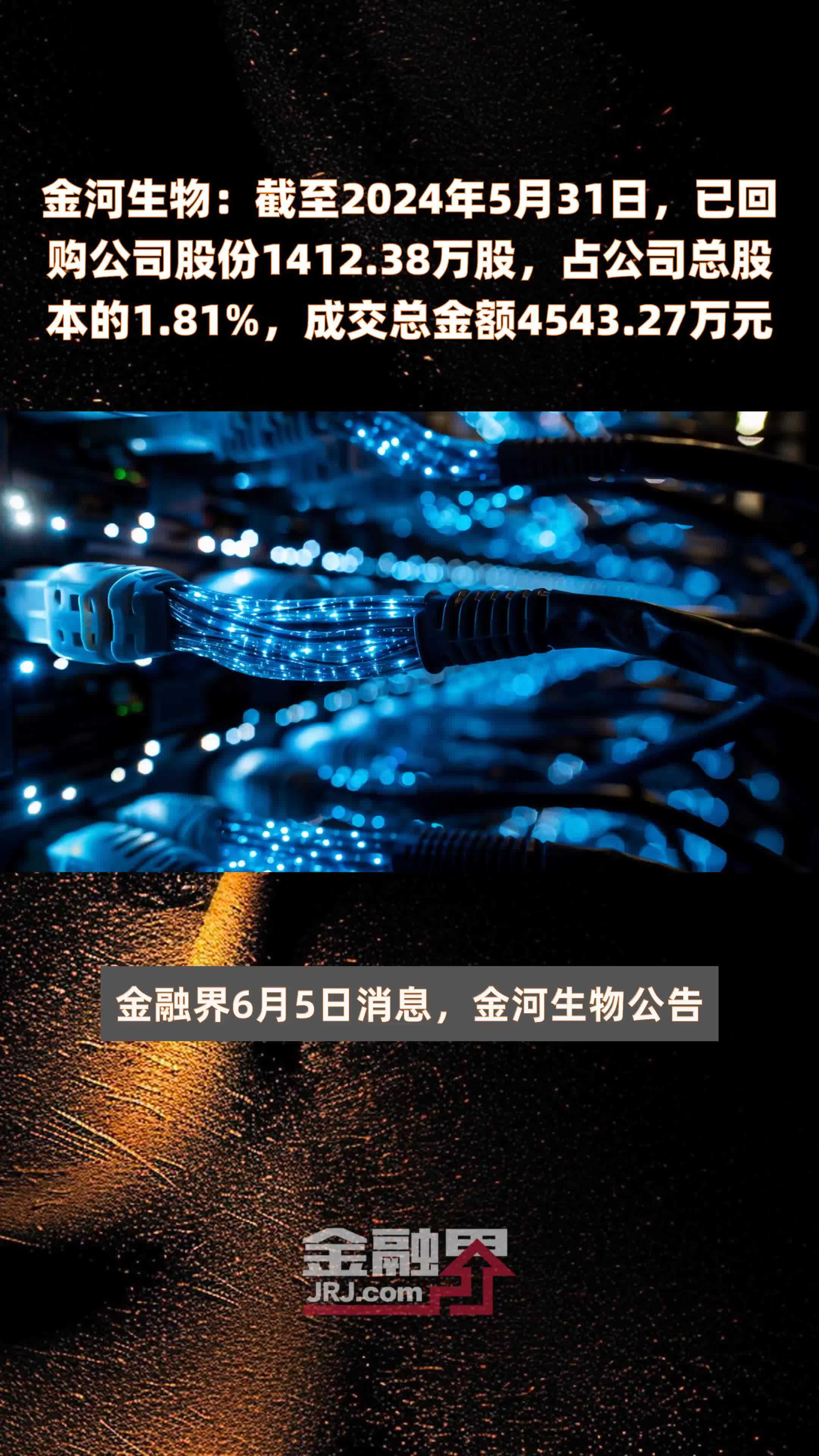 金河生物：截至2024年5月31日，已回购公司股份1412.38万股，占公司总股本的1.81%，成交总金额4543.27万元 |快报