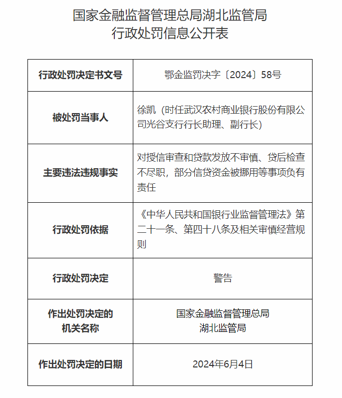武汉农村商业银行股份有限公司光谷支行六人被罚