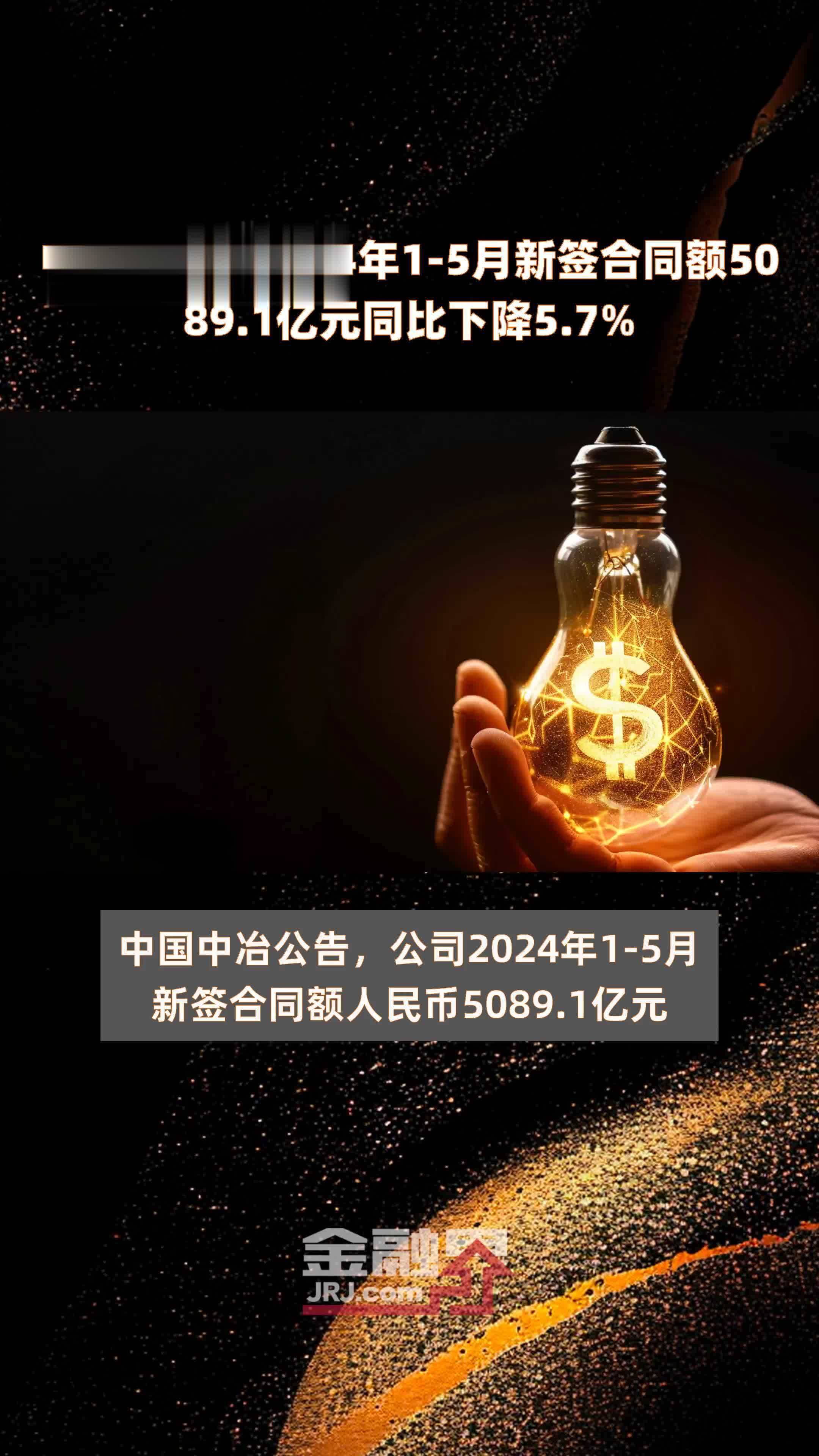 中国中冶：2024年1-5月新签合同额5089.1亿元同比下降5.7% |快报