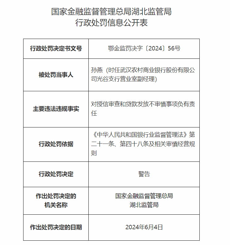 武汉农村商业银行股份有限公司光谷支行六人被罚