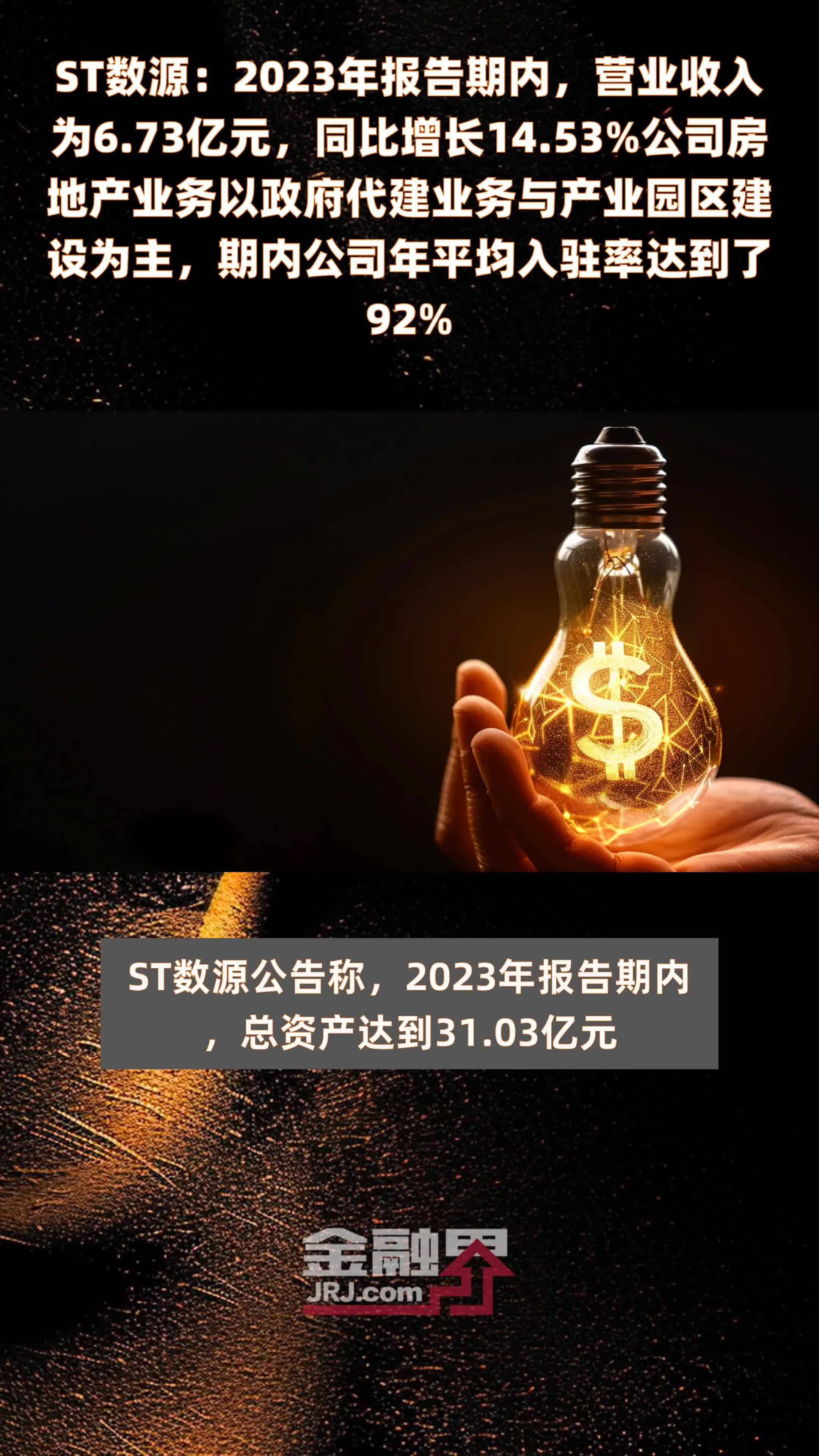 ST数源：2023年报告期内，营业收入为6.73亿元，同比增长14.53%公司房地产业务以政府代建业务与产业园区建设为主，期内公司年平均入驻率达到了92% |快报