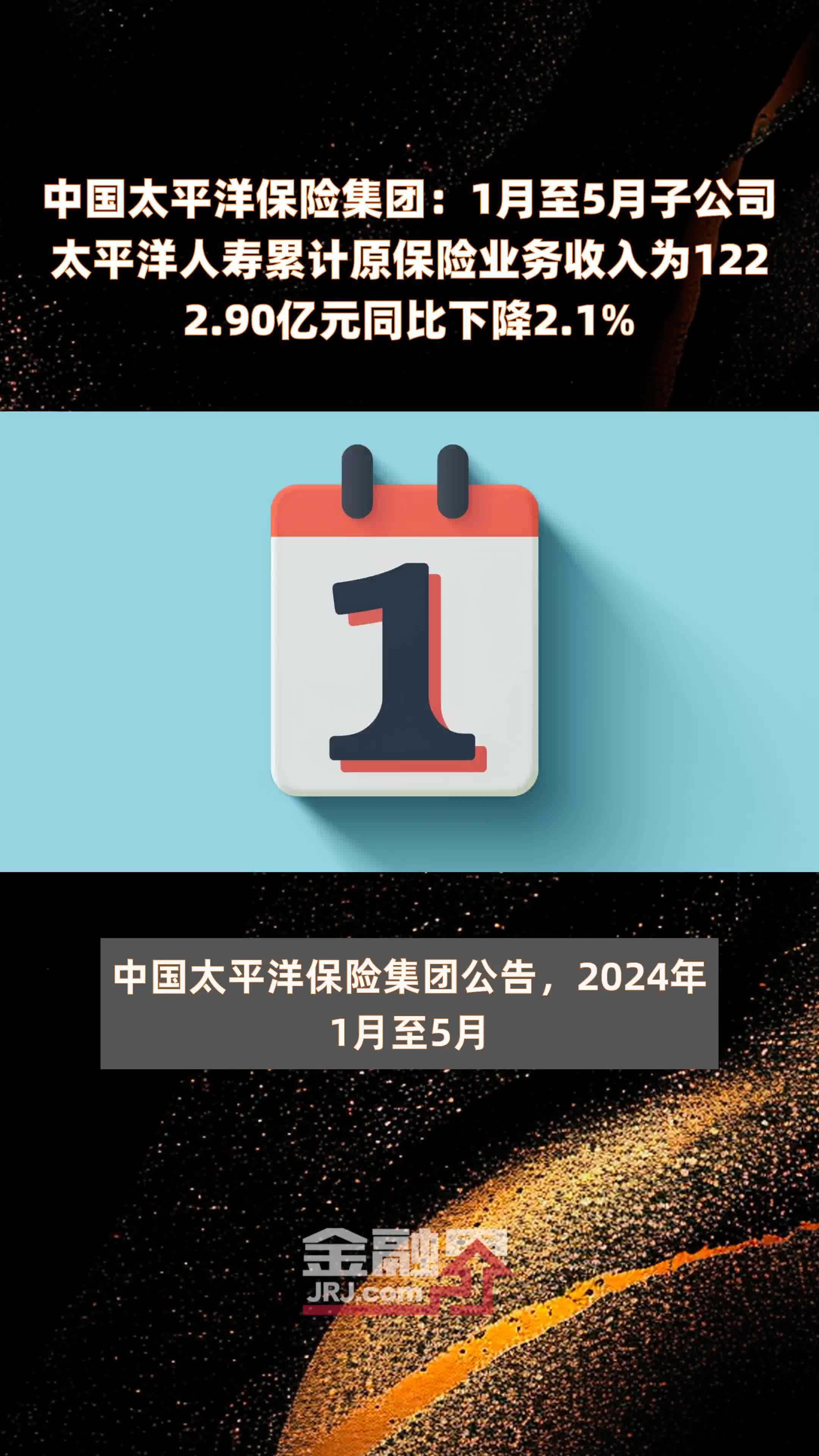 中国太平洋保险集团：1月至5月子公司太平洋人寿累计原保险业务收入为1222.90亿元同比下降2.1% |快报