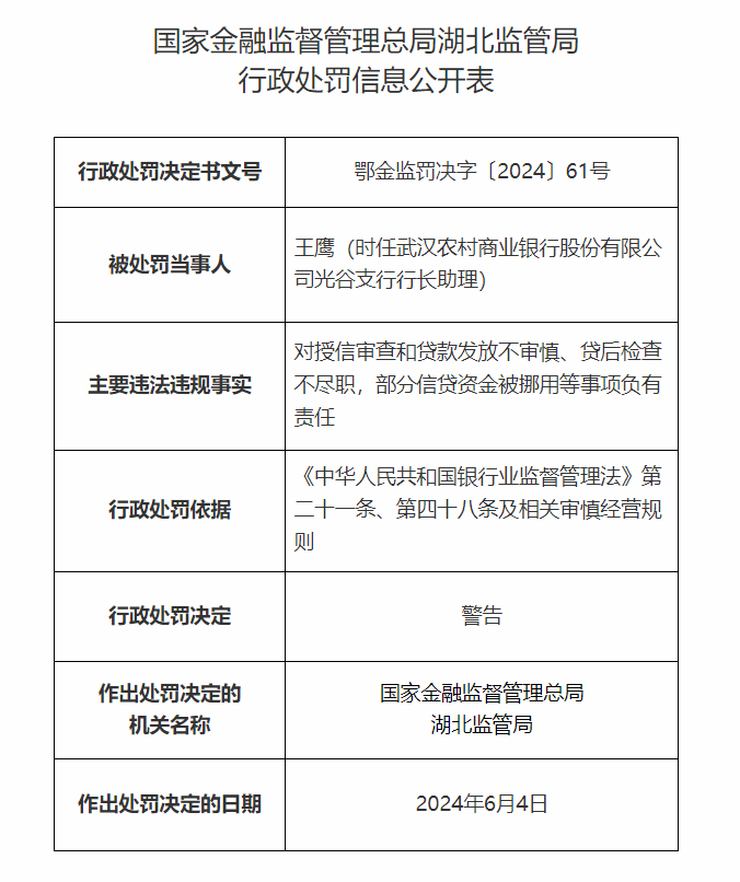 武汉农村商业银行股份有限公司光谷支行六人被罚