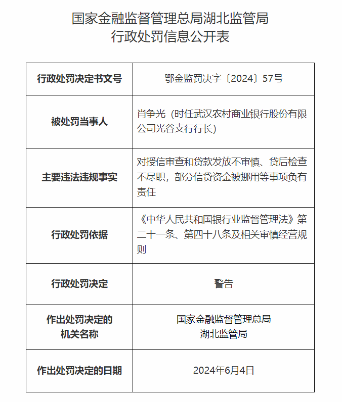 武汉农村商业银行股份有限公司光谷支行六人被罚