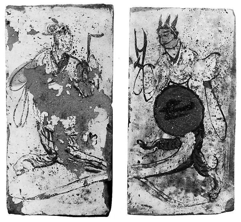 高台县博物馆藏魏晋墓出土的女娲、伏羲画像砖。