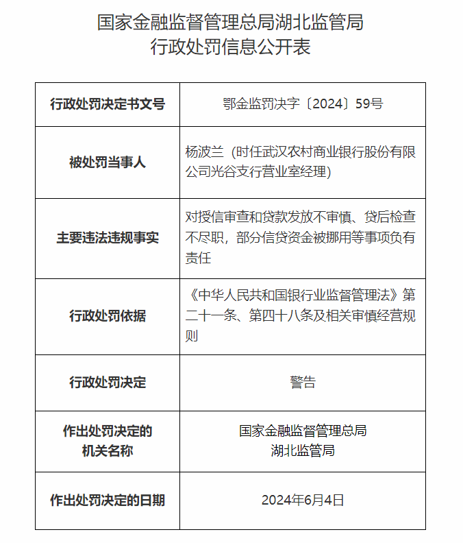 武汉农村商业银行股份有限公司光谷支行六人被罚