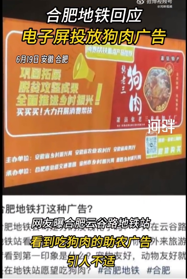 合肥地铁回应电子屏投放狗肉广告：已撤下