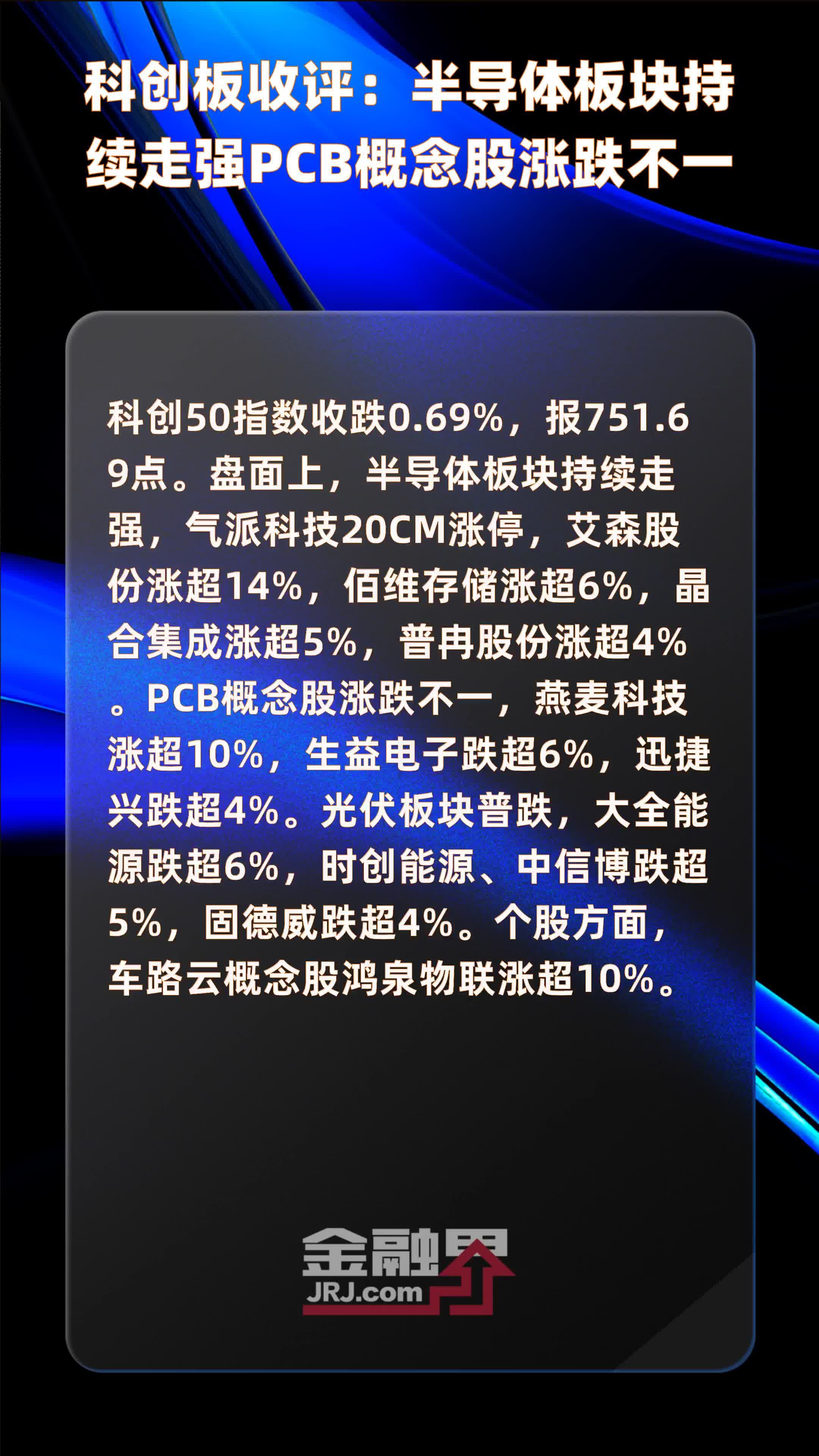 科创板收评：半导体板块持续走强PCB概念股涨跌不一|快报