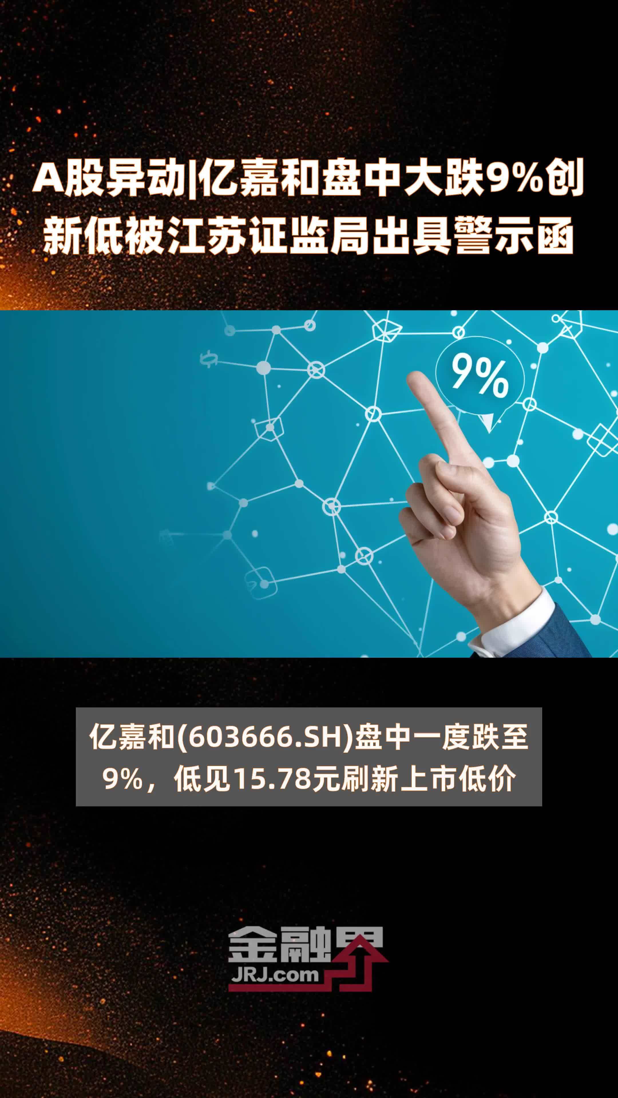 a股异动亿嘉和盘中大跌9创新低被江苏证监局出具警示函快报