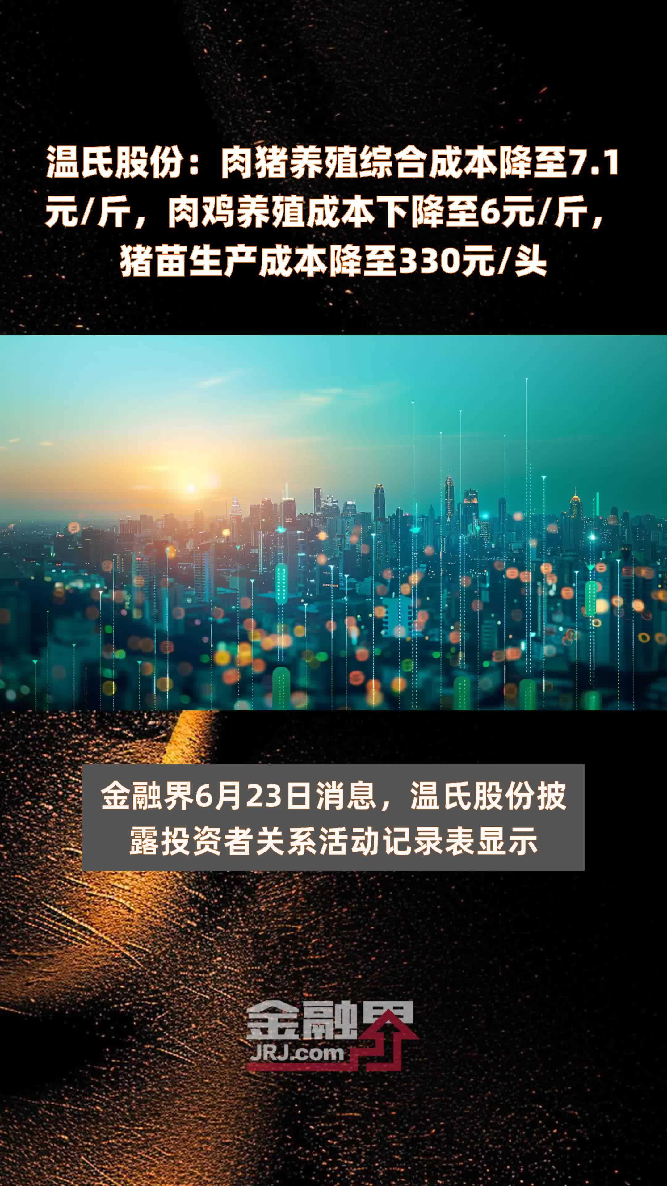 温氏股份：肉猪养殖综合成本降至7.1元/斤，肉鸡养殖成本下降至6元/斤，猪苗生产成本降至330元/头 |快报