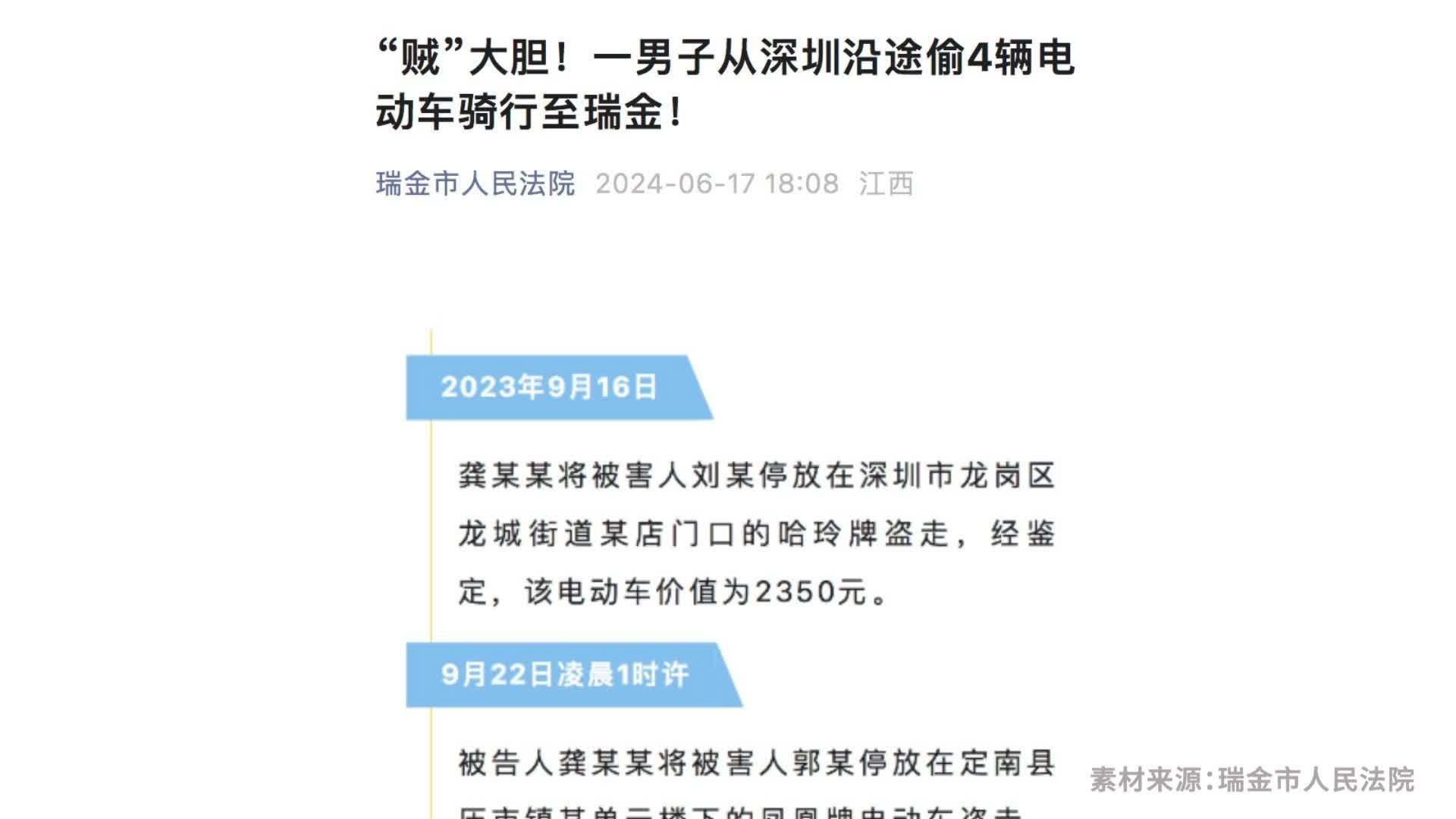 为见女网友男子一路偷电动车从深圳骑到江西瑞金被判刑三年六个月