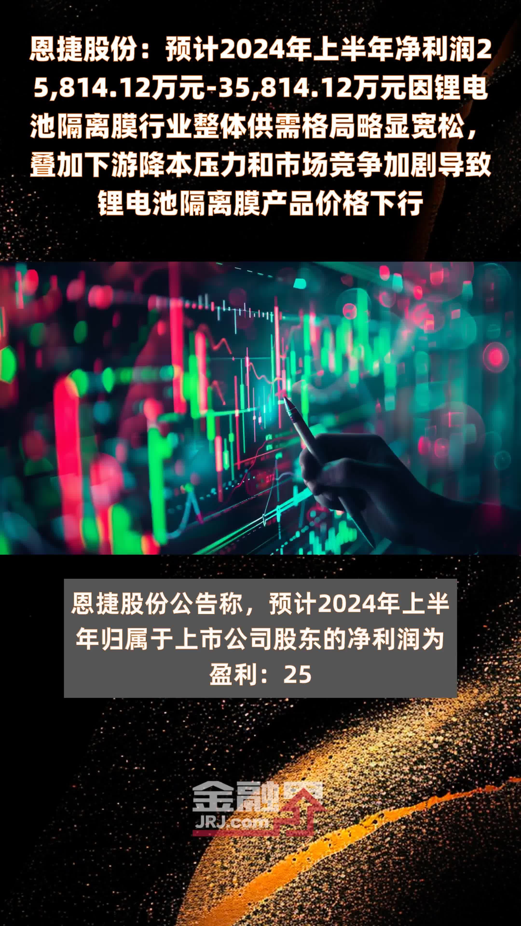 恩捷股份：预计2024年上半年净利润25,814.12万元-35,814.12万元因锂电池隔离膜行业整体供需格局略显宽松，叠加下游降本压力和市场竞争加剧导致锂电池隔离膜产品价格下行 |快报