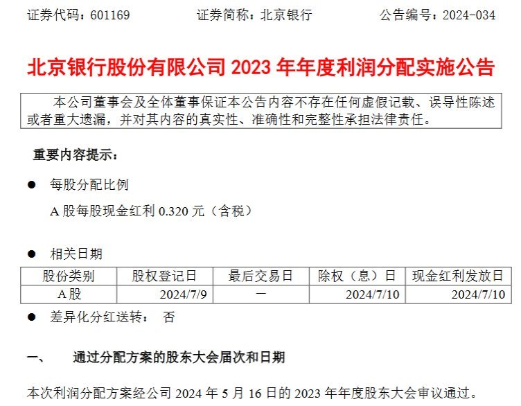 銀行財眼｜北京銀行公布2023年年度利潤分配方案 擬10派3.2元