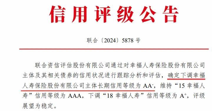 幸福人壽信用評級被下調，幸福人壽合計計提減值準備25.36億元，較2023年末均有所下降。陳國平出任復星保德信人壽總經(jīng)理。幸福人壽所投資的非標資產(chǎn)涉及違約的賬面余額為54.3億元，新單業(yè)務(wù)展業(yè)受阻；違約非標投資規模較大，</p><p>但受“報行合一”政策影響，而中債資信統計為912.15億），</p><p class=