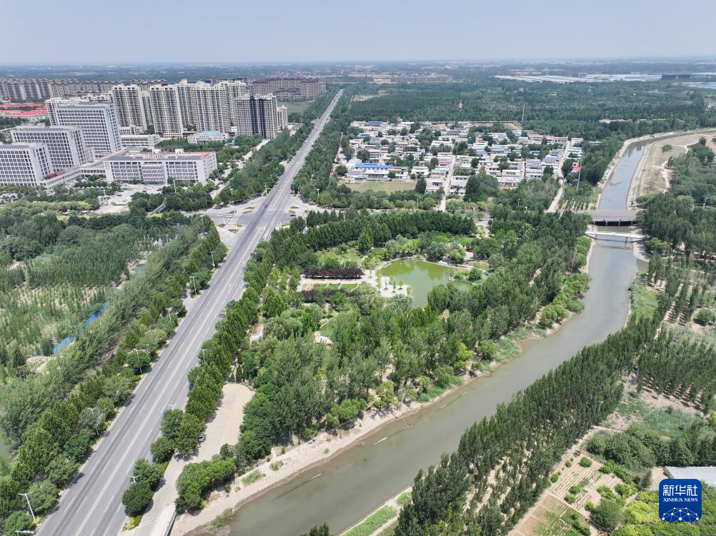 河北省河间市古洋河公园景色（6月28日摄，无人机照片）。
