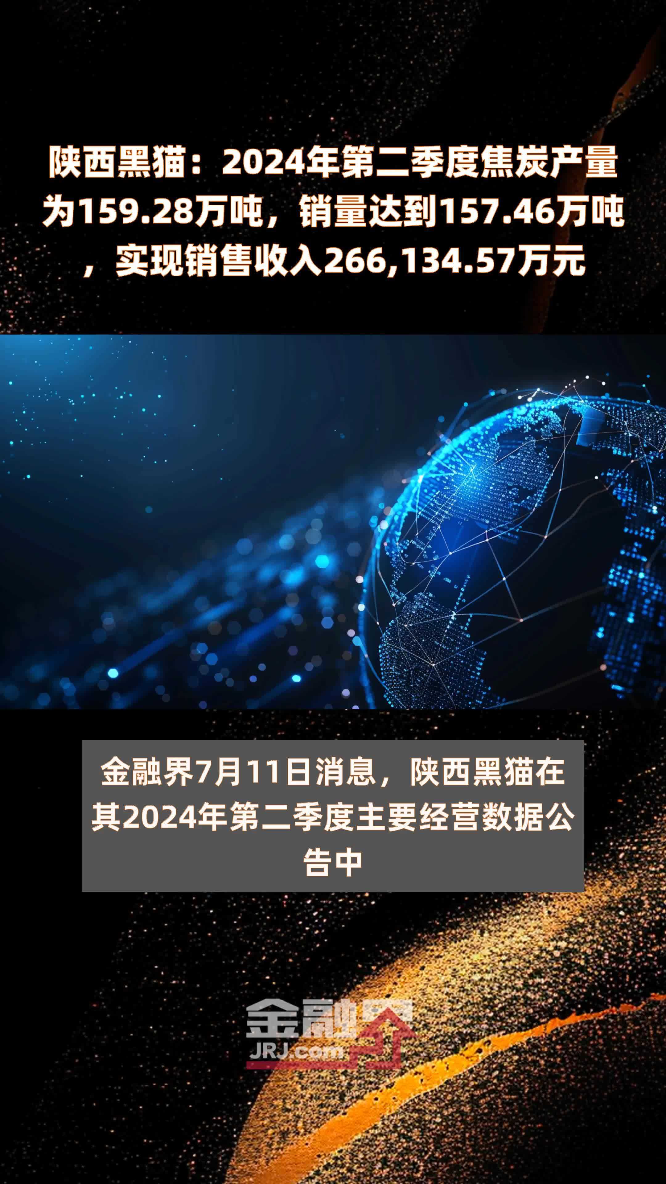 陕西黑猫：2024年第二季度焦炭产量为159.28万吨，销量达到157.46万吨，实现销售收入266,134.57万元 |快报