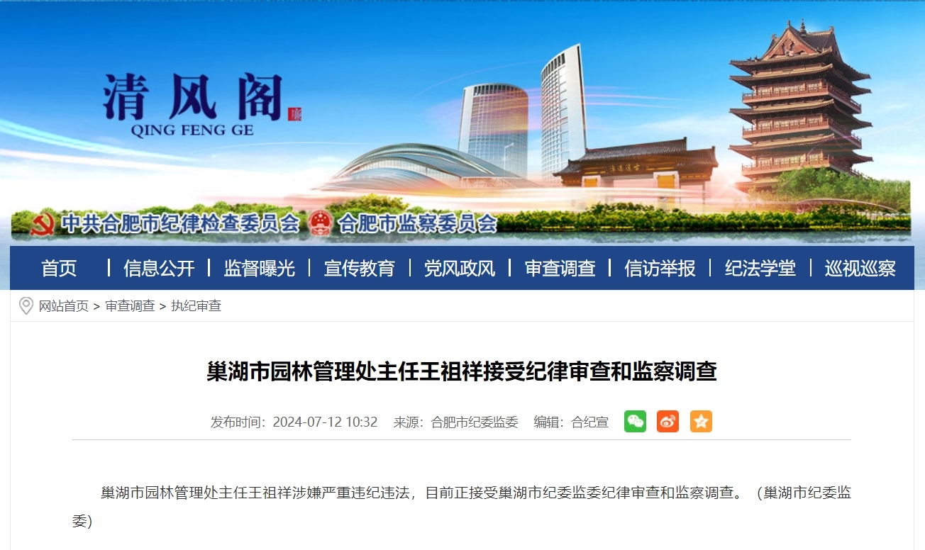 安徽一地纪委监委通报：王祖祥接受审查调查