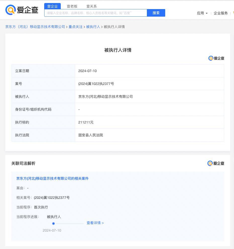 京东方旗下移动显示公司被强执超21万元，此前因未足额缴纳社保险被罚