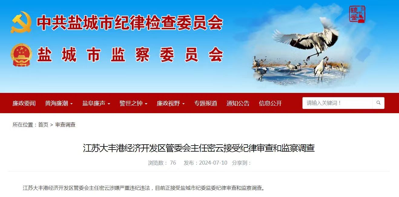 江苏大丰港经济开发区管委会主任密云接受纪律审查和监察调查