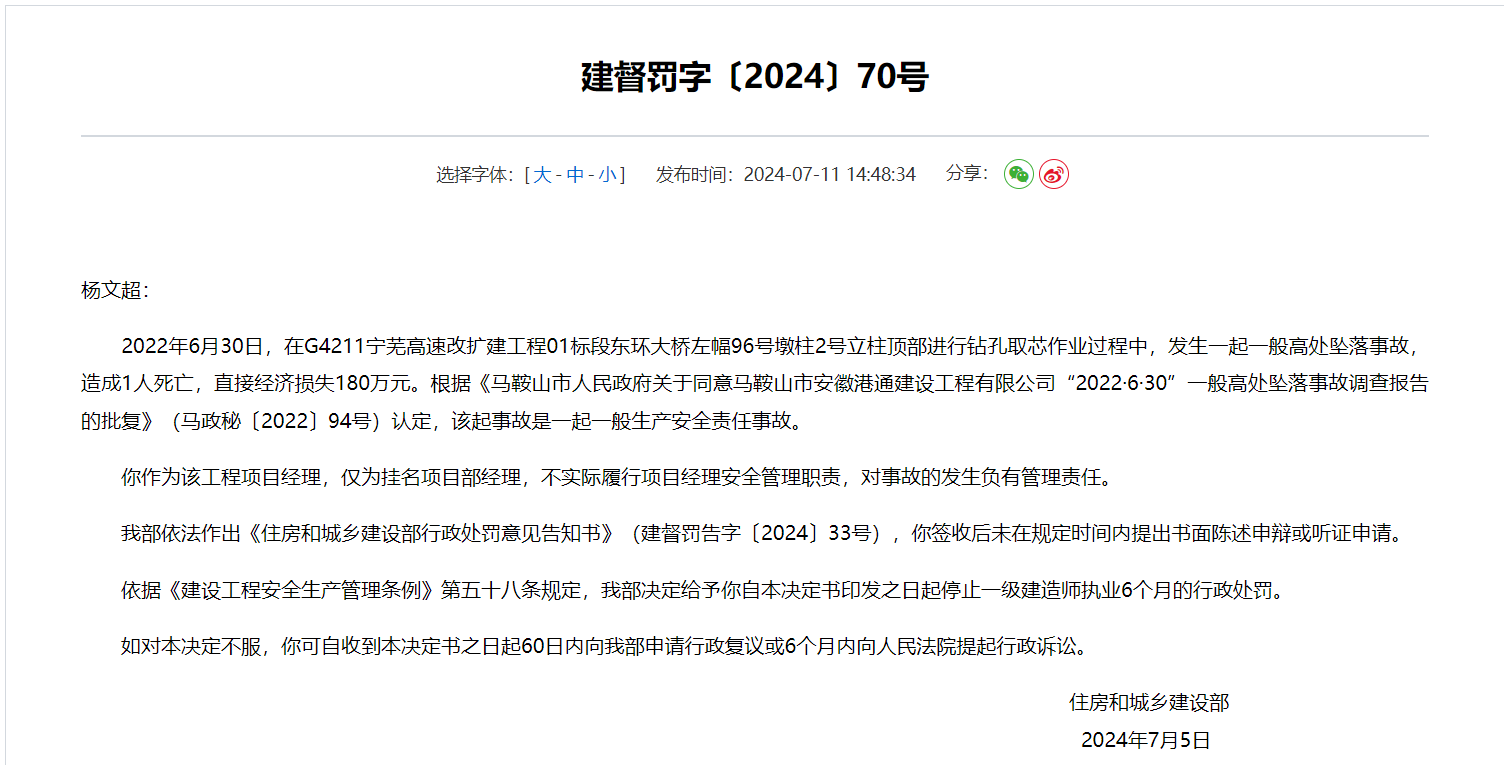 住建部通报安徽6起致死事故 5人1公司被罚！