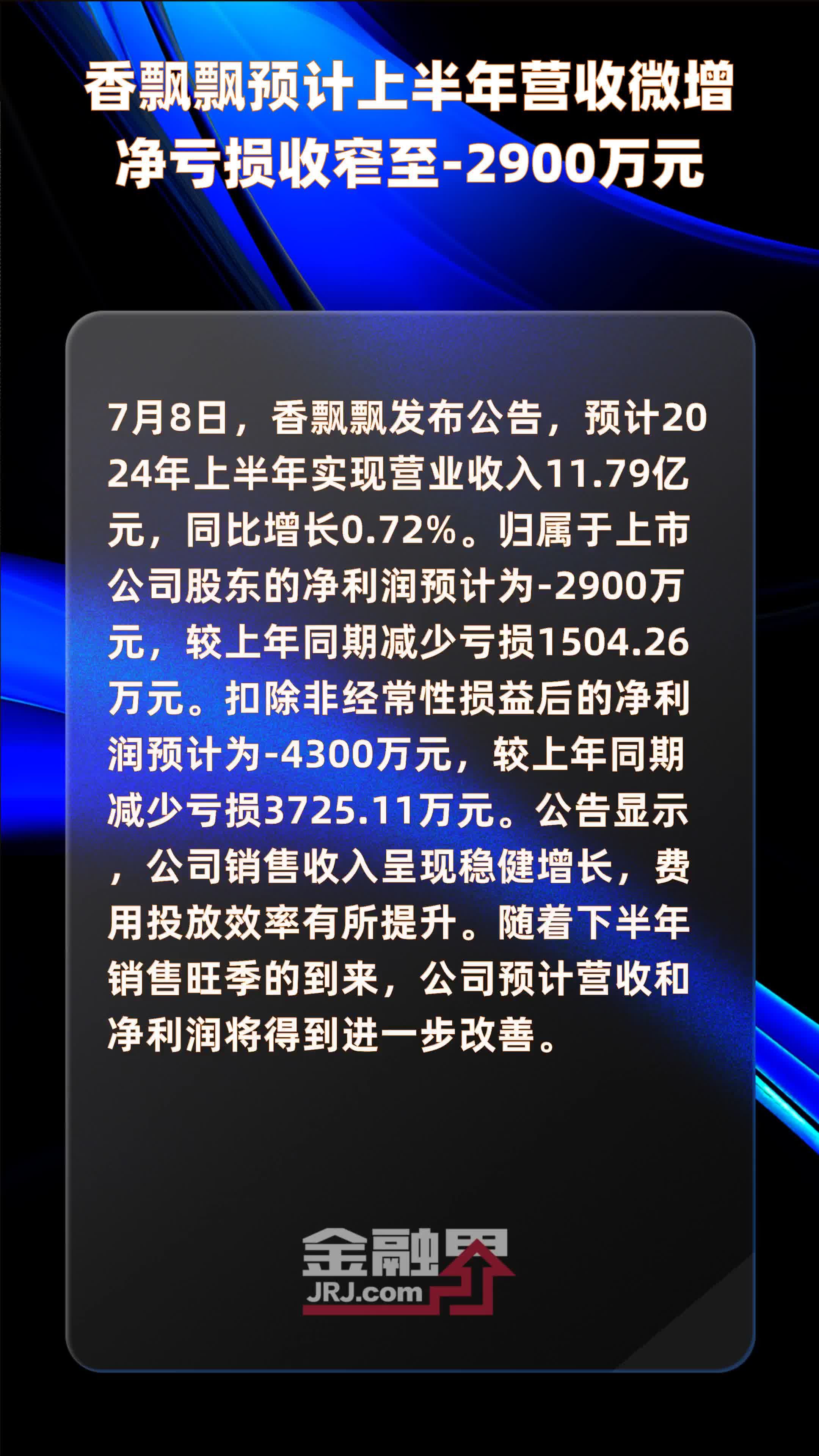 香飘飘预计上半年营收微增净亏损收窄至-2900万元 |快报