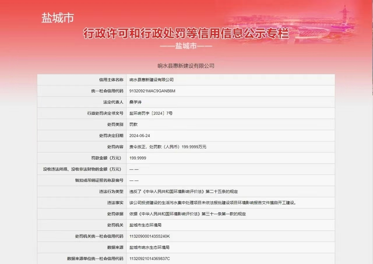 响水县惠新建设有限公司污水集中处理项目未依法报批擅自开工建设被罚近200万元