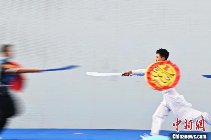 7月13日，“2024年北京体育大学第十五届国际武术比赛交流大会暨首届崆峒山国际武术大会”在甘肃省平凉市崆峒古镇开幕。此次活动有来自中国16个武术流派传承人，以及法国、丹麦、比利时、巴西、墨西哥、厄瓜多尔、古巴等国家60余名武术运动员和国内300余名参赛队员参加。图为活动现场，参加活动人员展示传统武术。中新社记者　李亚龙　摄