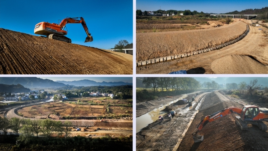 杭口水系治理忙碌的施工现场