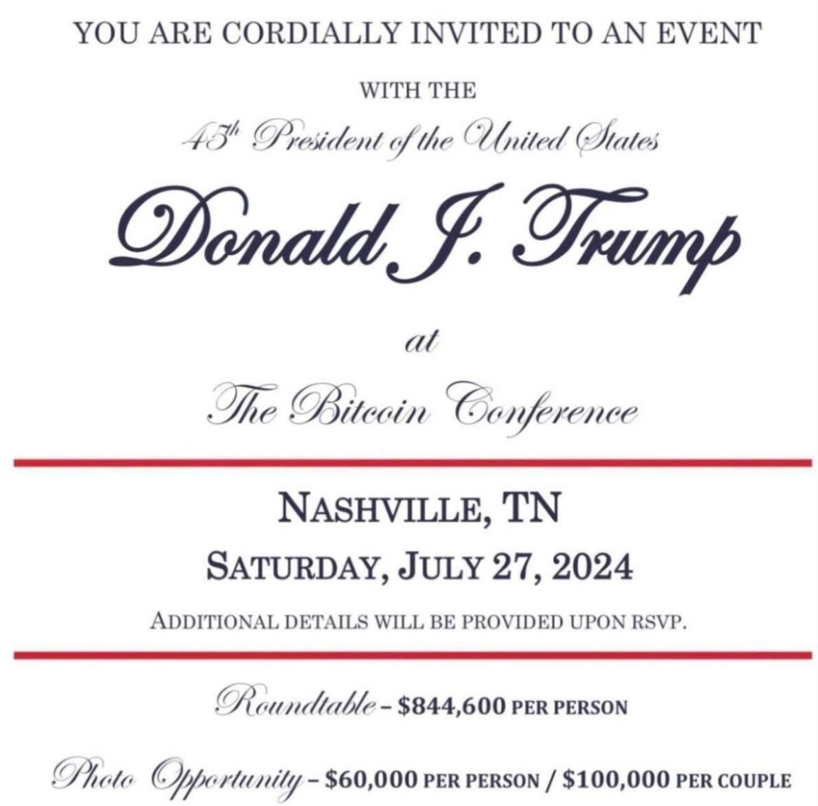 特朗普比特币大会筹款活动“价目表”曝光合影起步价6万美元_凤凰网