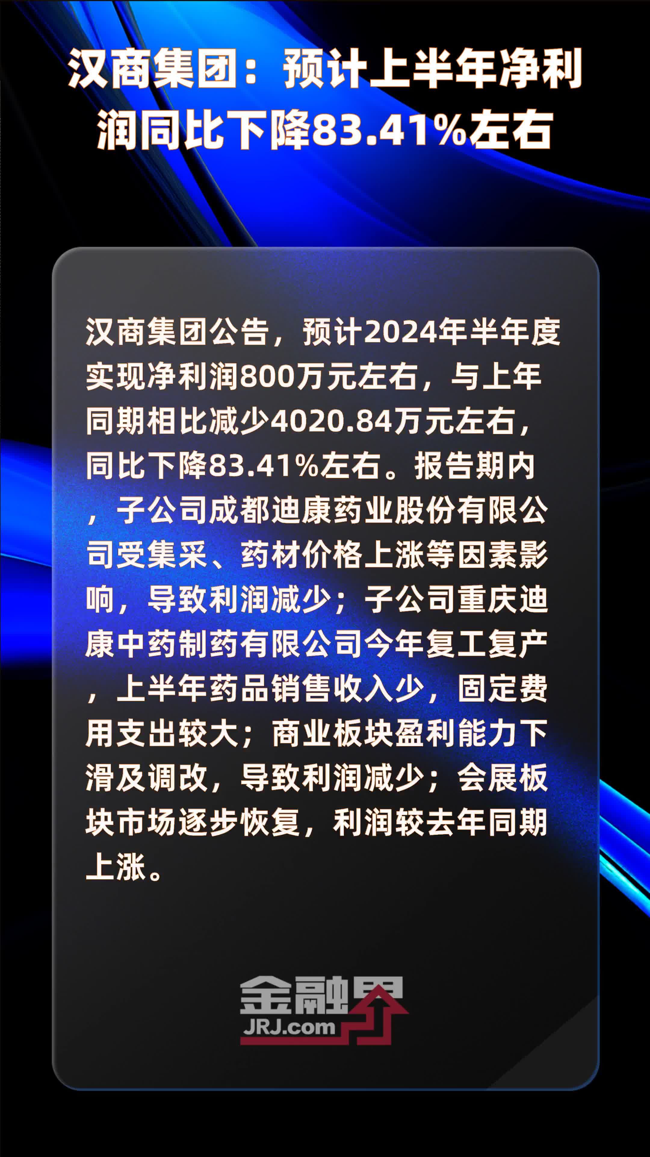 汉商集团：预计上半年净利润同比下降83.41%左右 |快报