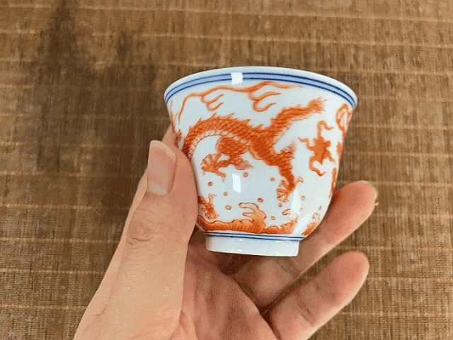 清時代 乾隆年製款 古陶磁器 紅釉 龍紋杯 茶杯 杯子 茶道具