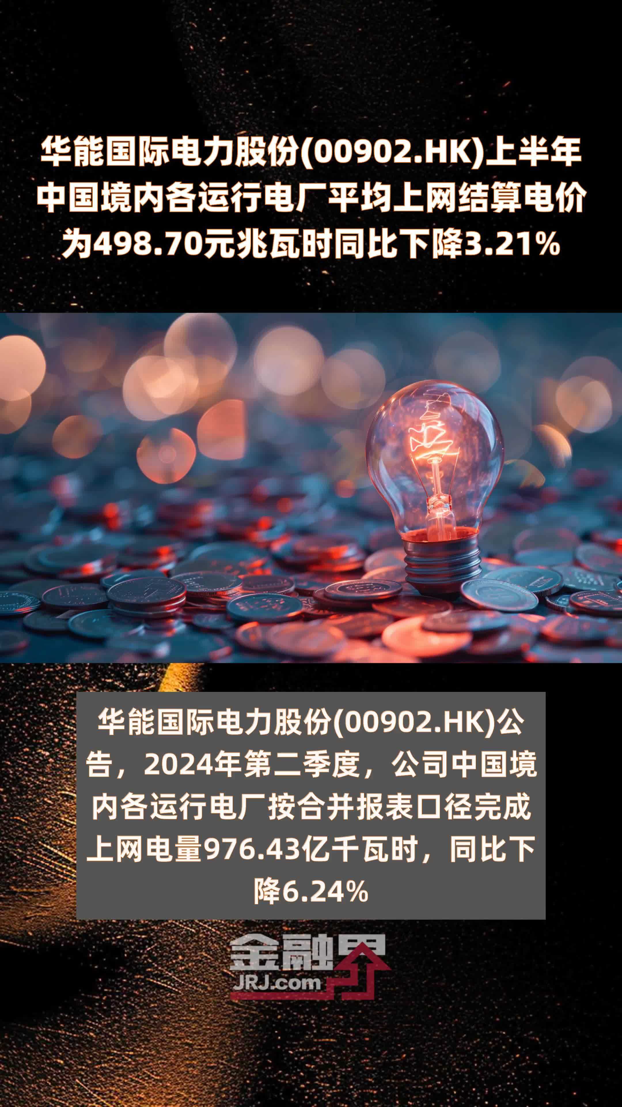 华能国际电力股份(00902.HK)上半年中国境内各运行电厂平均上网结算电价为498.70元兆瓦时同比下降3.21% |快报