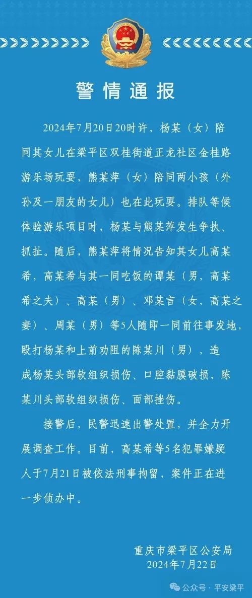 重庆警方通报游乐场打人事件：动手5人均被刑拘