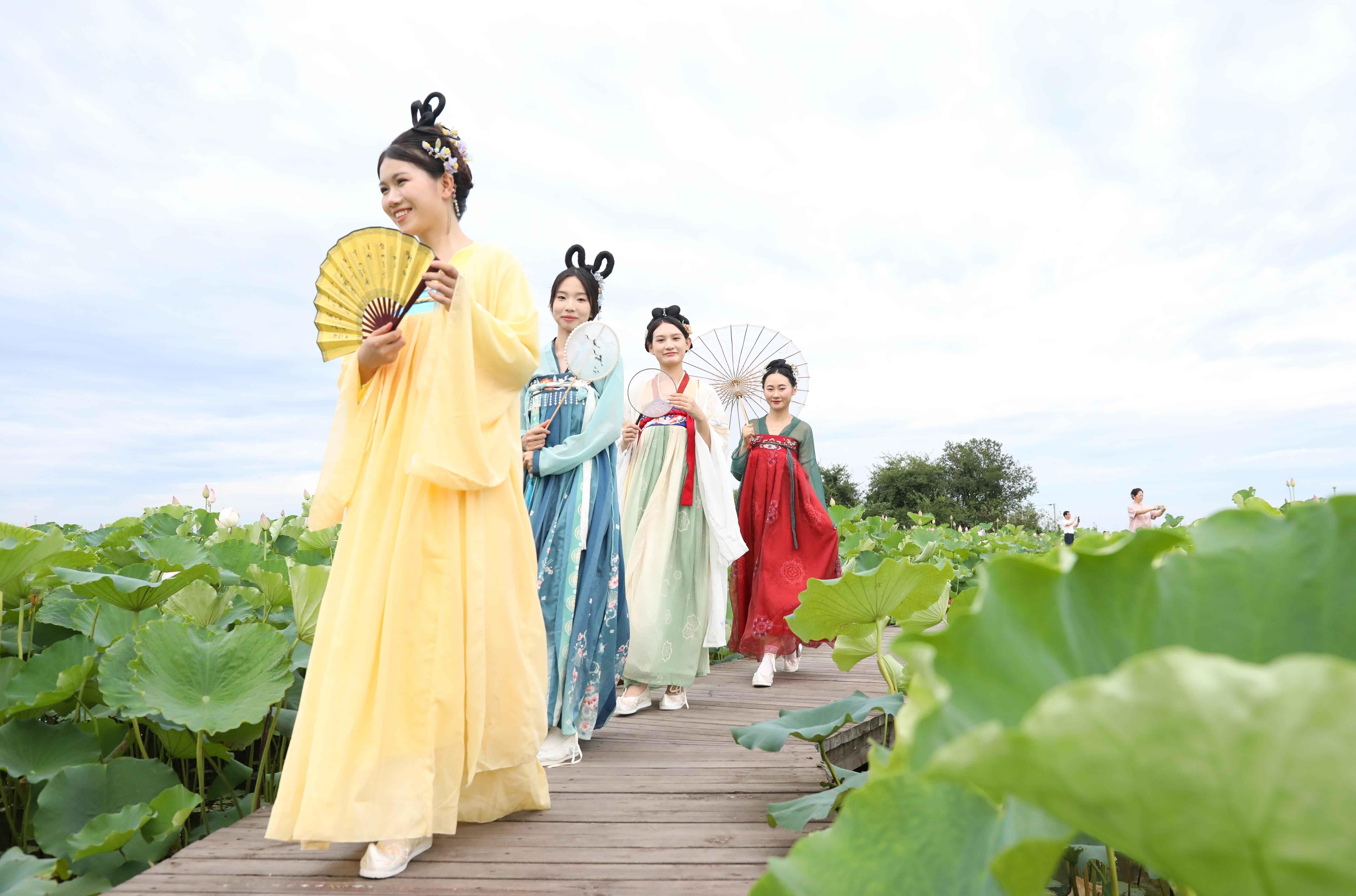 （2024年7月20日，游客身穿汉服在安徽省合肥市肥西县山南镇长庄村千亩太空莲种植基地里游玩。 陈家乐 摄）